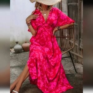 Women's Striped Floral Printed Waist Tie Mid-Sleeve Dress